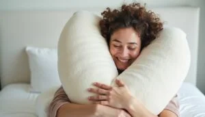 A person with curly hair smiles while hugging a large U-shaped pillow on a bed.