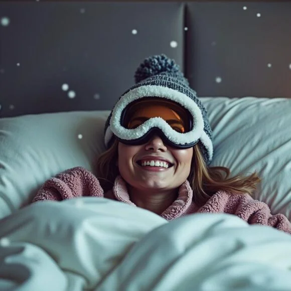 A person wearing a winter hat and ski goggles is lying in bed, smiling. The background is a bedroom with white pillows and a comforter, including the best budget cooling pillow that guarantees a comfortable night's sleep.