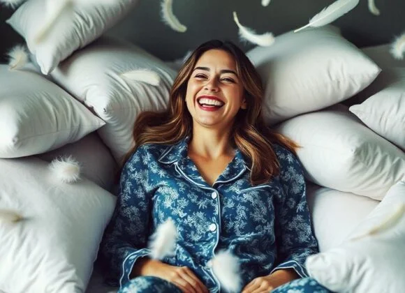 A woman in blue pajamas with a floral pattern is lying in a pile of white pillows and smiling, while feathers float around her.