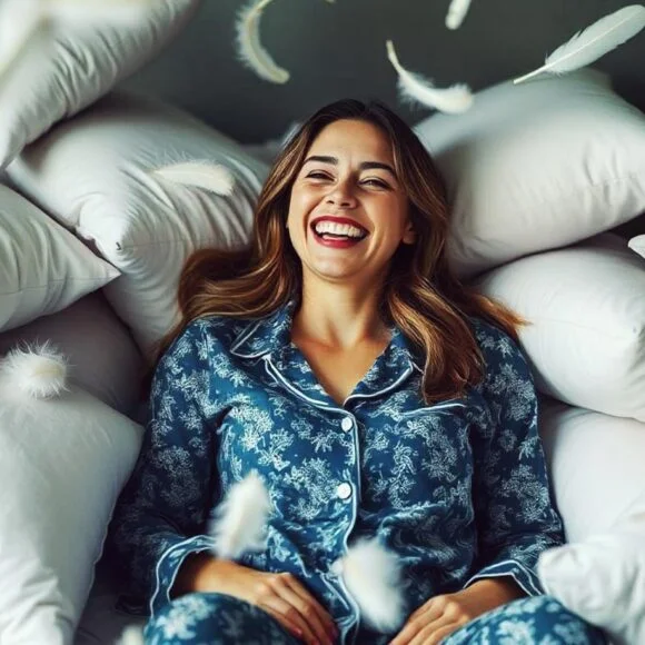 A woman in blue pajamas with a floral pattern is lying in a pile of white pillows and smiling, while feathers float around her.