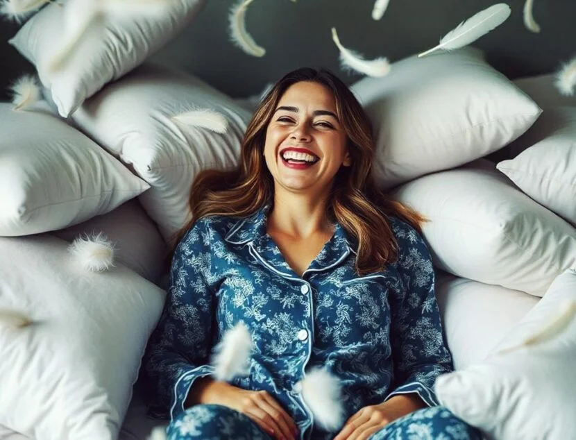 The Best Neck Pain Pillows of 2024: Expert Reviews and Top Picks for Every Sleeper A woman in blue pajamas with a floral pattern is lying in a pile of white pillows and smiling, while feathers float around her.