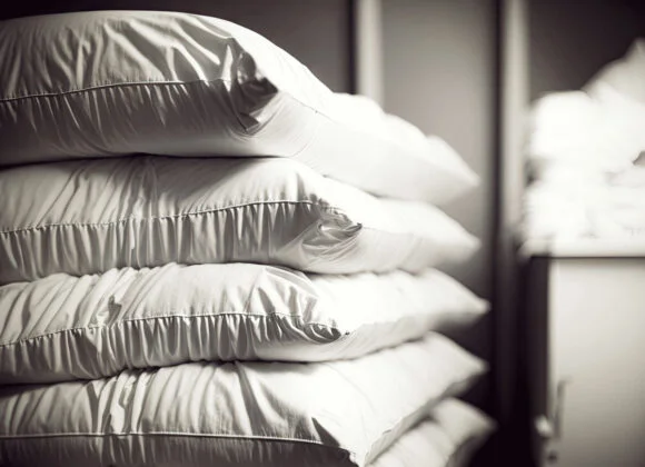 A stack of five white pillows is neatly arranged in a dimly lit room.