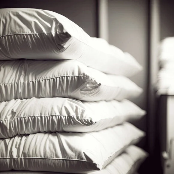 A stack of five white pillows is neatly arranged in a dimly lit room.