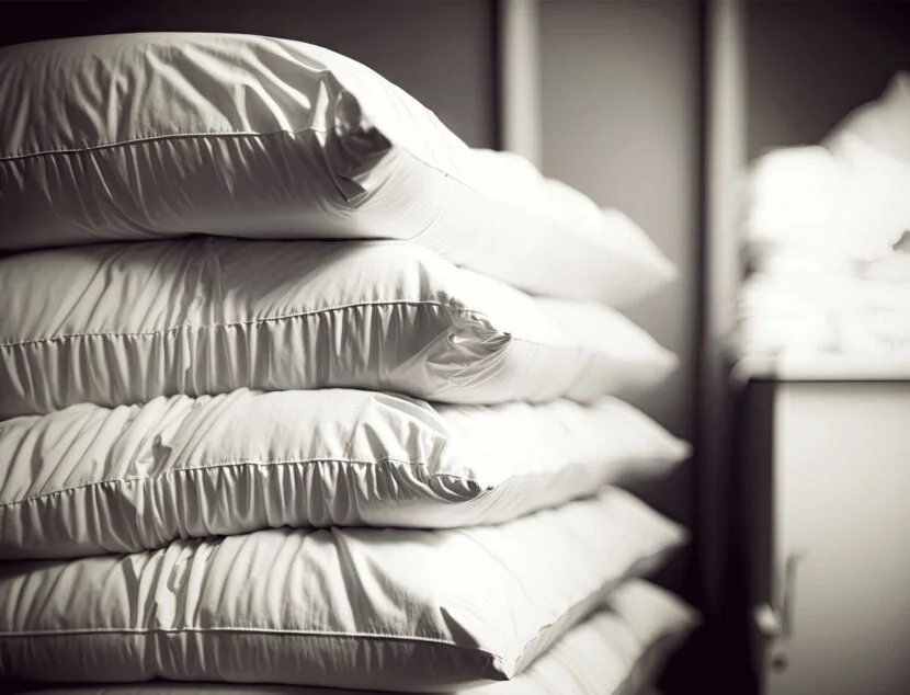 A stack of five white pillows is neatly arranged in a dimly lit room.