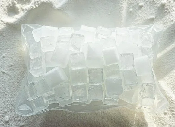 How to Choose the Right Cooling Pillow for Your Neck Pain Relief Needs A clear plastic bag filled with transparent ice cubes resting on a textured white surface.