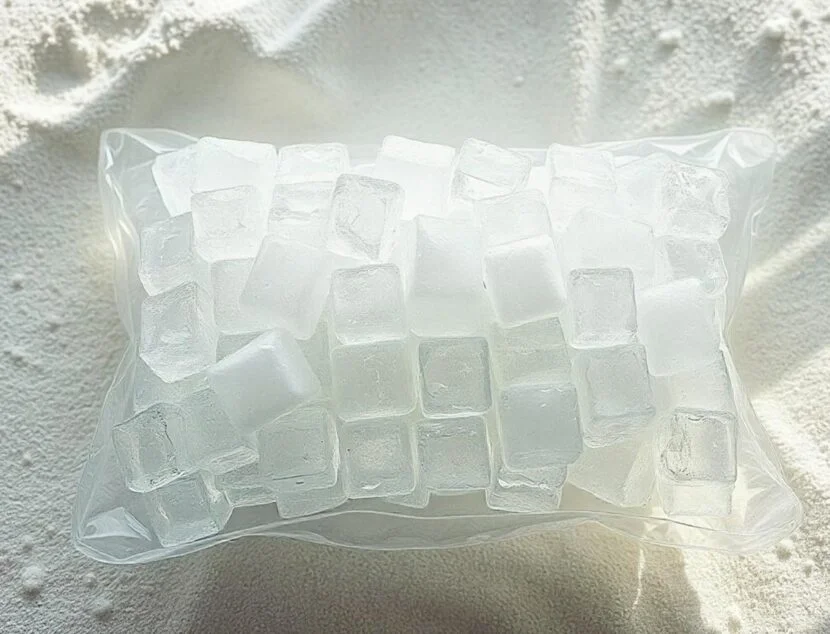 A clear plastic bag filled with transparent ice cubes resting on a textured white surface.