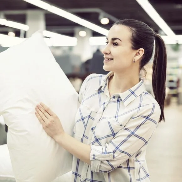 A woman in a plaid shirt holds a white pillow while shopping in a store.