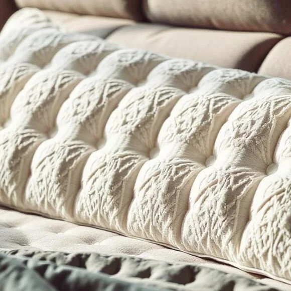 A rectangular white knitted throw pillow with a tufted pattern is placed on a beige cushioned surface. Sunlight casts shadows across the pillow.