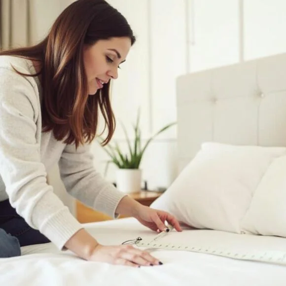 A woman measuring a bed with a measuring tape in a brightly lit bedroom featuring a headboard and a potted plant in the background.