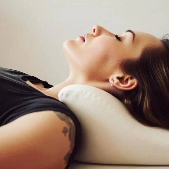A person is lying down on their back, resting their head on a white cushion. They have their eyes closed and are wearing a black shirt, with a tattoo visible on their upper arm.