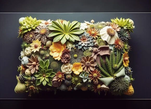 A decorative pillow adorned with various, intricately crafted fabric flowers and plants, resembling a vibrant garden.