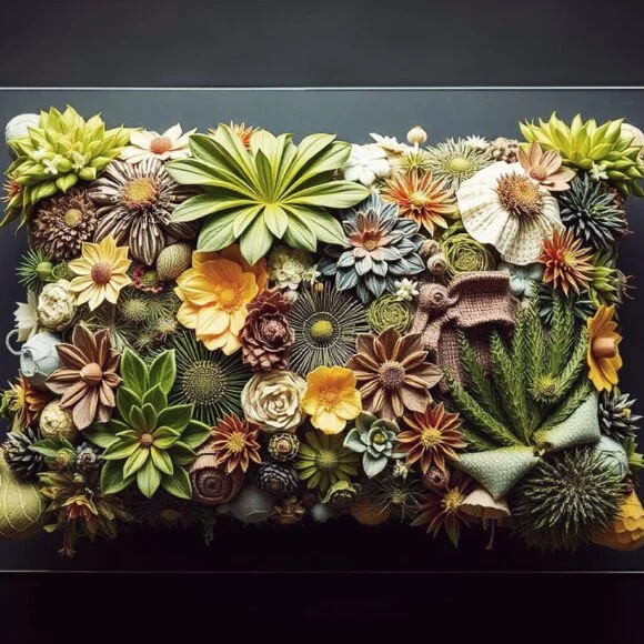 A decorative pillow adorned with various, intricately crafted fabric flowers and plants, resembling a vibrant garden.
