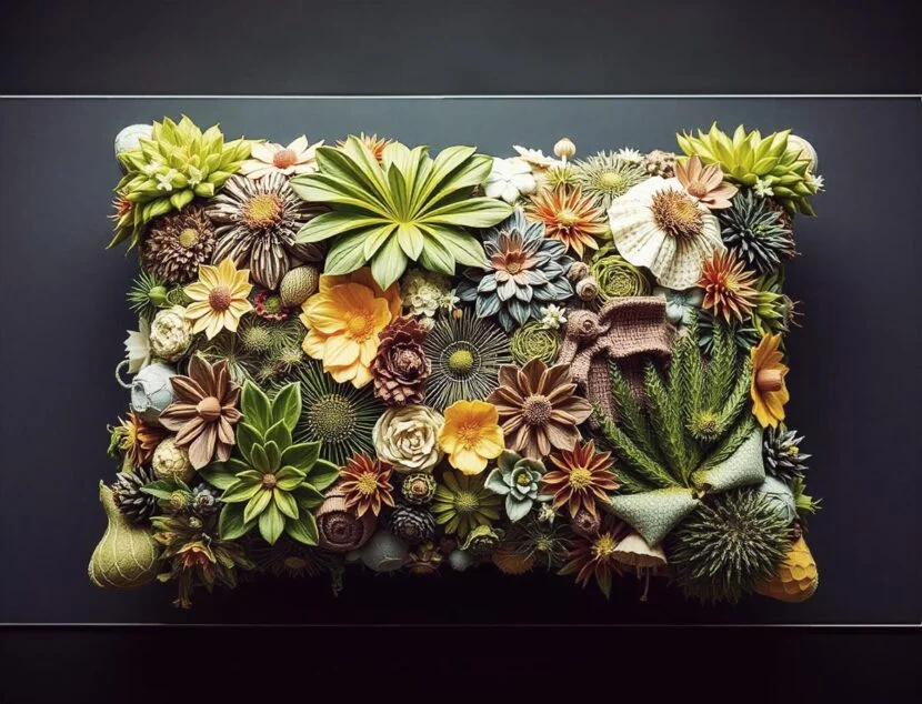 A decorative pillow adorned with various, intricately crafted fabric flowers and plants, resembling a vibrant garden.