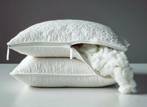 Two white pillows with quilted covers are stacked on a white surface. The top pillow's zipper is partially open, revealing fluffy filling spilling out.