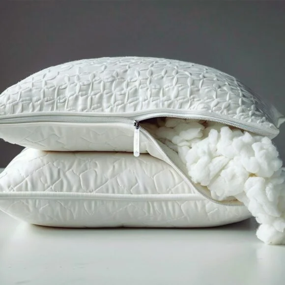 Two white pillows with quilted covers are stacked on a white surface. The top pillow's zipper is partially open, revealing fluffy filling spilling out.
