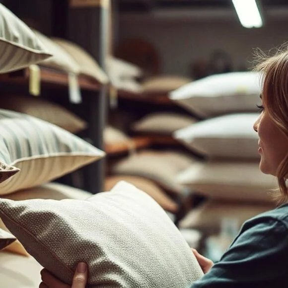 Person holding a pillow while looking at various pillows on display in a store.