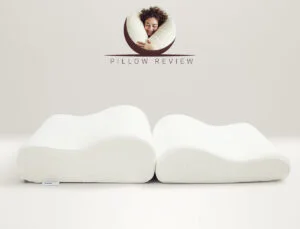 Two memory foam pillows with ergonomic contours are displayed side by side against a light beige background. The words "Pillow Review" and a logo featuring a person hugging a pillow are above them.